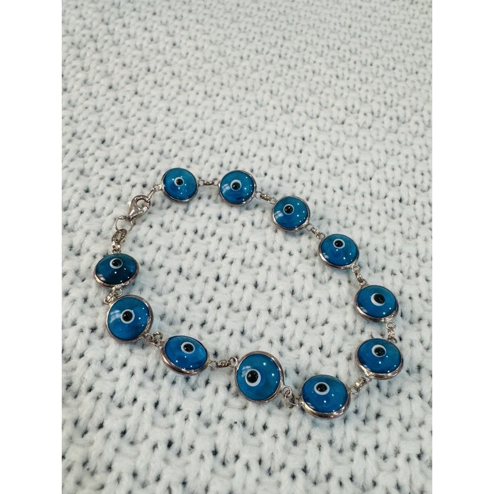 925 Sterling Silver Turkish Evil Eye Glass Link Bracelet 6.75"